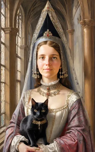 woman Isabelle de Bourbon in 15th century medieval dress holding a British dark grey cat in her arms | on the woman's head there is a high Gothic cone "atour" | woman's hair is completely hidden under