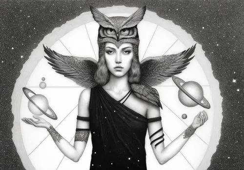 a painting with an owl's head and some saturns in the center,hecate,nephthys,inanna,wadjet,hathor,asherah,Illustration,Black and White,Black and White 09