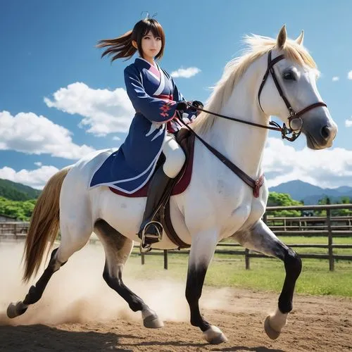 flying anime character,japanese style,girl,horses,a young woman dressed in traditional japanese clothing rides a white horse,lipizzaner,lipizzaners,horsewoman,lipizzan,equestrian sport,equestrian,Phot