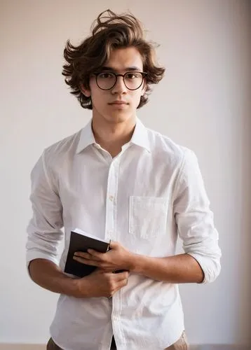 Architecture student, male, young adult, (20yo), casual wear, glasses, messy brown hair, holding a large folder, standing in front of a white background, confident posture, modern studio, wooden floor