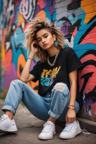 girl in t-shirt,jeans background,skater,puma,vans,tshirt,street fashion,grunge,tee,colorful background,jordan,hip-hop dance,80s,adidas,ripped jeans,punk,women fashion,graffiti,tees,advertising clothes,Art,Artistic Painting,Artistic Painting 40