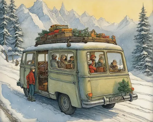 Write a heartwarming story about a family road trip during the holidays.,christmas caravan,vwbus,volkswagenbus,campervan,camping bus,camper van,vanagon,christmas travel trailer,winter trip,vw van,vw b