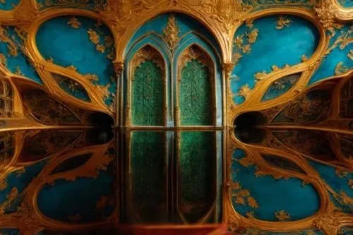 Mittelalterlichen barocken atemberaubendes schön schloss, an der Decke ist mit komplizierten Mamorrelief-Strukturen Stuckarbeiten Verzierungen in gold und türkise grüne Acryl Glanz ,art nouveau,art no