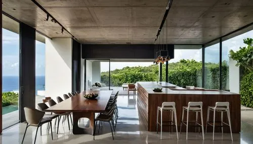 make a private bar inside a modern big living house with steel deck structure , natural concrete walls and wood ceiling with large glass window at rocky maontain tropical region,an dining room and kit