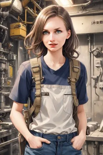 girl in overalls,brakewoman,machinist,female worker,servicewoman,mechanic,Digital Art,Anime