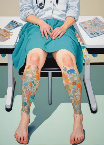 medical illustration,watercolor socks,watercolour socks,woman's legs,hospital gown,painting pattern,pathologist,dental hygienist,cancer illustration,women's legs,pediatrics,nicholas socks,woman sitting,illustrator,artist portrait,dermatology,foot reflexology,odd socks,reflexology,mari makinami,Illustration,Japanese style,Japanese Style 16