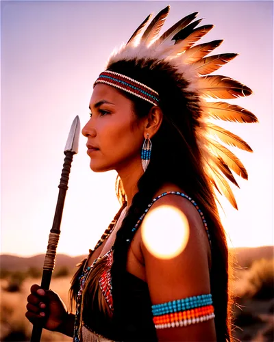 Native American, traditional headdress, feather accessories, strong facial features, dark skin tone, braided black hair, colorful tribal clothing, beaded jewelry, holding a spear, standing in profile,