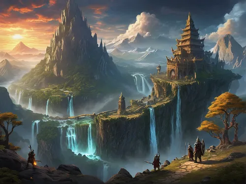 fantasy landscape,fantasy picture,fantasy art,3d fantasy,fantasy world,ancient city,druid grove,world digital painting,fantasy city,karst landscape,northrend,mountain settlement,mushroom landscape,heroic fantasy,elven forest,futuristic landscape,mountain world,high landscape,landscape background,mountainous landscape,Illustration,Japanese style,Japanese Style 09