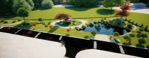 Add a beautiful, traditional Japanese-style fountain near the pond to enhance the tranquil atmosphere,reflecting pool,urban park,city moat,roof landscape,parterre,landscaped,monastery garden,scenic br