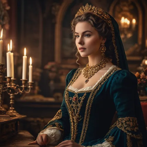 Develop historical avatars with period costumes, intricate jewelry, and ancient backdrops. Design a nostalgic atmosphere for a classic and vintage look.,tudor,queen anne,elizabeth i,angelica,girl in a