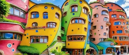 Organic architecture, Hundertwasser style, colorful buildings, irregular shapes, natural materials, wood, stone, green roofs, lush vegetation, curved lines, playful design, whimsical atmosphere, Austr