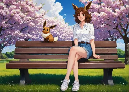 Eevee, human, sweet smile, gentle eyes, curly brown hair, pale skin, freckles on nose, casual wear, white shirt, blue jeans, sneakers, sitting, relaxed pose, park bench, sunny day, green grass, bloomi