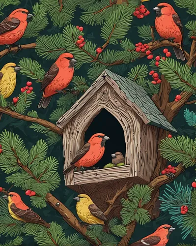 Write a suspenseful short story about a hidden nest of crossbills in an ancient forest.,bird house,robins in a winter garden,house finches,birdhouse,bird home,birdhouses,little birds,bird illustration