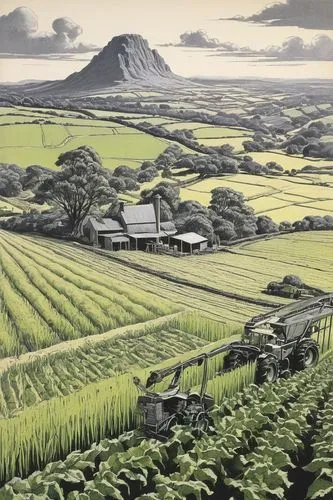 1. Agricultural Drawing,a farm scene with a tractor and combineer,yamada's rice fields,ravilious,ricefield,farm landscape,rice fields,ricefields,the rice field,vegetables landscape,rice field,agricult