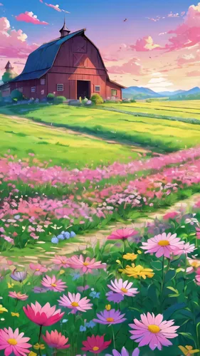 blooming field,meadow landscape,flower field,meadow in pastel,field of flowers,flowers field,landscape background,spring background,springtime background,farm background,summer meadow,flower meadow,flowering meadow,pink daisies,flower background,spring meadow,blanket of flowers,clover meadow,farm landscape,salt meadow landscape,Illustration,Japanese style,Japanese Style 03