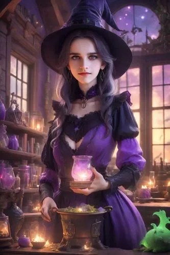  witch near a cauldron with green slime boiling inside,  room full of magical artifacts and books, a large window behind her shows a sky at dusk with colors; purple, black, pink, stars and moon,a woma