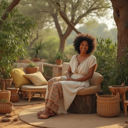 Savanna-inspired designs, earthy tones, natural fabrics, wicker furniture, potted plants, African patterns, rustic wooden accents, woven baskets, linen clothing, sandals, relaxed posture, sitting on a