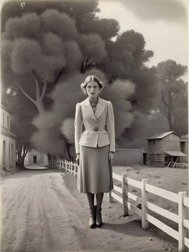 Lady “Wild West” theme. High fence.,a woman standing on a dirt road next to a fence,sternfeld,evacuee,mitford,gellhorn,horst,woman walking,Photography,Black and white photography,Black and White Photo