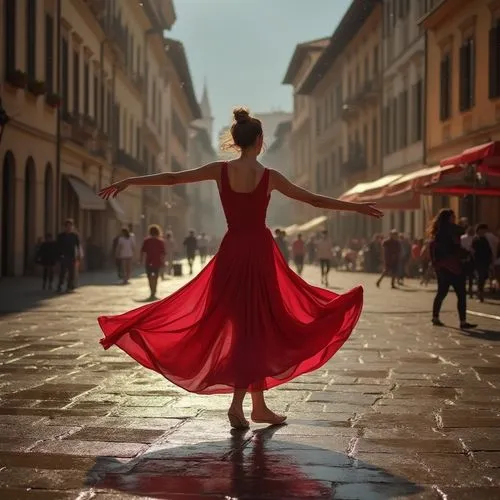 una donna balla sola, danza sotto la pioggia , in pieno giorno,  in una grande piazza , roteando,  lasciando scie luminose, tanta luce vivida, vista di fronte. tacchi alti.,woman wearing a red dress w