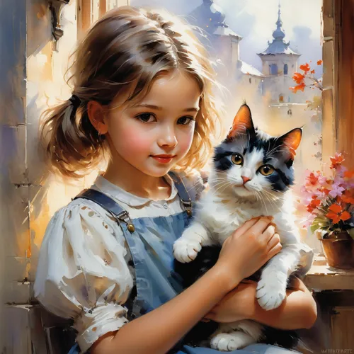 a cute girl with a cat，
,little boy and girl,romantic portrait,tenderness,cat lovers,child portrait,little girls,oil painting,calico cat,vintage boy and girl,young girl,cute cat,girl and boy outdoor,l