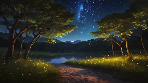 fireflies,fantasy landscape,starry sky,starry night,world digital painting,druid grove,starlight,salt meadow landscape,night stars,fairy forest,night scene,elven forest,landscape background,forest of dreams,fantasy picture,the mystical path,firefly,nightsky,digital painting,cartoon video game background,Photography,General,Natural