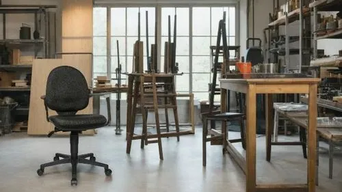 an office chair sits in front of a wall of work,thonet,danish furniture,athens art school,workbenches,vitra,office chair