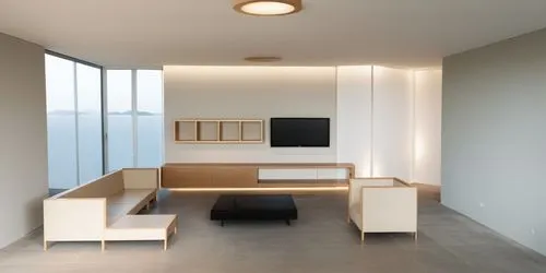 hay un televisor de color negro en la pared del fonto y los muebles aereos son de madera,las 2 lamparas de techo son redondas luz blanca,a large room has some very modern furniture and lighting,minott