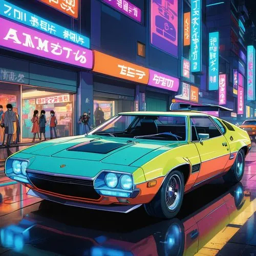 camaros,retro car,tokyo city,3d car wallpaper,80's design,wanganella,Illustration,Japanese style,Japanese Style 03