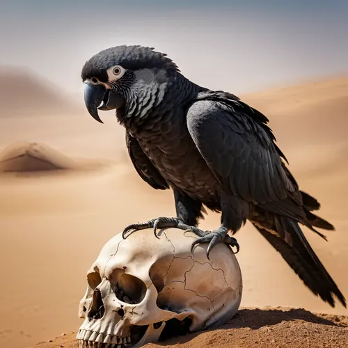 close-up photo of a black parrot, perched on a skull, in the middle of the desert, dust storm, ultra-realistic, taken with a conon,corvidae,murder of crows,black vulture,black raven,carrion crow,corvu