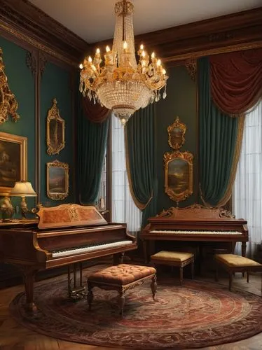 ornate room,harpsichords,biedermeier,parlor,fortepiano,victorian room,danish room,bedchamber,grand piano,royal interior,rococo,harpsichord,steinway,pianoforte,the piano,interior decor,enfilade,villa cortine palace,furnishings,zoffany,Conceptual Art,Oil color,Oil Color 16