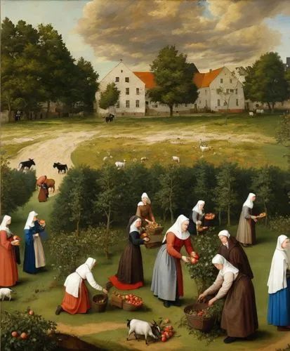 (a view from above, like in the paintings of Pieter Bruegel, small figures of Catholic nuns in Breton caps and kerchiefs, light brown robes and dark brown dresses are picking apples from the trees, wi