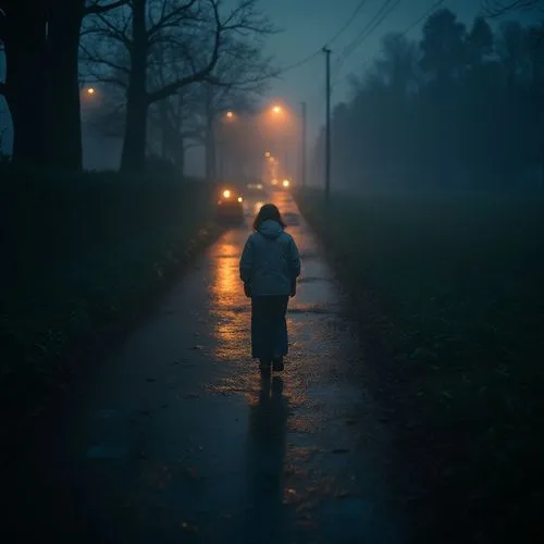 walking in the rain,girl walking away,dark park,woman walking,in the rain,little girl with umbrella,Photography,General,Cinematic