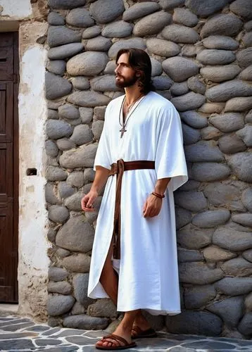 Jesus Christ, 30s, strong facial features, short brown hair, holy cross necklace, casual wear, white robe, blue denim jeans, brown leather sandals, cool pose, leaning against a stone wall, Mediterrane