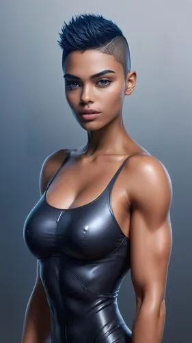 no background, anime, short hair, fit woman, big eyes, big lips, ,muscle woman ,an artistic rendering of a woman in leather,muscle woman,enza,hypermasculine,strongwoman,hard woman,body building