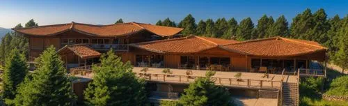 an aerial view of a large wooden building with trees and mountain in the background,asian architecture,javanese traditional house,treehouses,tulou,wooden houses,wooden roof,Photography,General,Realist