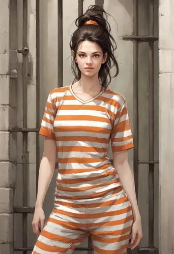 prisoner,horizontal stripes,bjork,prison,jumpsuit,orange,chainlink,clementine,striped background,orange robes,rockabella,retro woman,mime,noodle image,detention,katniss,pubg mascot,tied up,onesie,uniforms,Digital Art,Comic