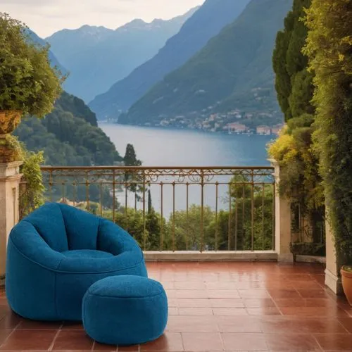 科幻,an outdoor balcony has blue furniture and a mountain lake view,natuzzi,cappellini,chaise lounge,lake como,cassina,chaise