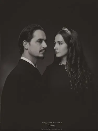 Official full-length black and white portrait of Their Majesties King Charles I and Queen Olga of Württemberg.,a man and a woman standing together with their faces close,forsyte,roaring twenties coupl