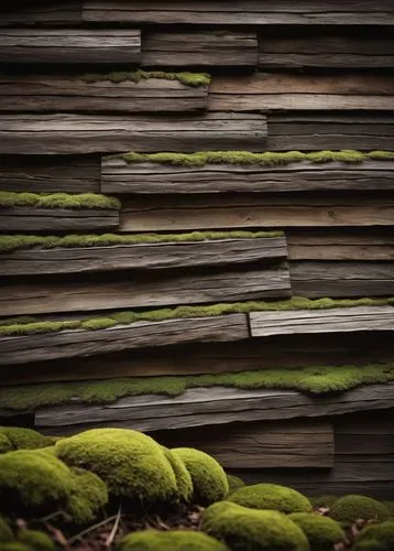 Weathered wood, architectural shingles, rustic, brown, rough texture, layered, overlapping, wooden planks, uneven edges, moss growth, forest surroundings, misty atmosphere, soft natural light, 3/4 com