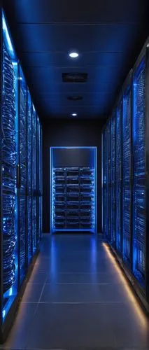 Modern architecture, futuristic server room, rows of sleek metal servers, LED lights glowing blue, complex circuitry, wires tangled like veins, powerful processors humming quietly, air conditioning ve