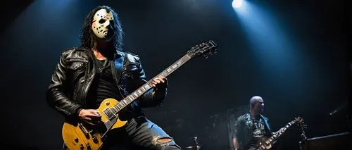 Jason Voorhees, guitarist, muscular man, metalhead, aggressive facial expression, messy black hair, black leather jacket, ripped jeans, heavy boots, holding electric guitar, playing live on stage, spo