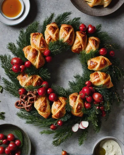 christmas pastry,christmas pastries,holly wreath,door wreath,christmas wreath,mini croissants,christmas menu,wreath,wreaths,christmas snack,empanadas,pigs in blankets,christmas food,kanelbullar,christmas circle,art deco wreaths,butter rolls,danish pastry,croissants,christmastree worms,Conceptual Art,Fantasy,Fantasy 32