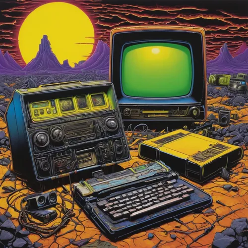 Sketch a post-apocalyptic wasteland with remnants of technology,atari st,cyberspace,c64,computer game,computer graphics,turbographx-16,computer games,computing,computer system,atari,1980s,computer,ret