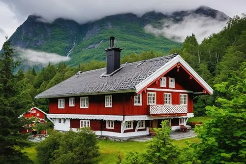 Traditional Norwegian wooden house, intricately designed facade, vibrant red and white colors, ornate carvings, steeply pitched roof, snow-covered, surrounded by lush green forest, tall trees, misty a