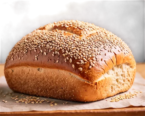 Freshly baked bread, crusty surface, golden brown color, soft interior, sesame seeds on top, rustic texture, natural light, 3/4 composition, shallow depth of field, warm color tone, cinematic lighting