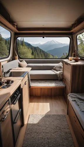 Cozy campervan interior, modern minimalist decor, plush beige couch, wooden coffee table, ambient warm lighting, soft cream curtains, compact kitchenette, stainless steel sink, gas stove, microwave ov