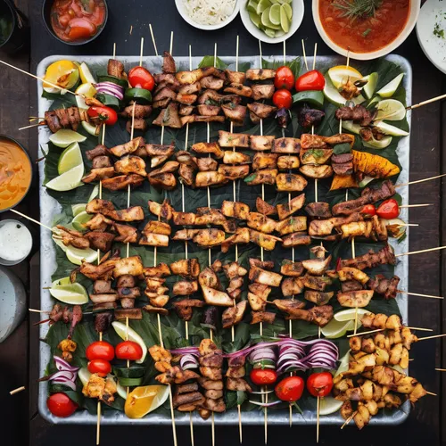 Describe a mouthwatering skewers platter at a lively street food festival.,shish kebab,filipino barbecue,skewers,brochette,mixed grill,shashlik,grilled food,sheet pan,barbeque grill,barbeque,sausage p