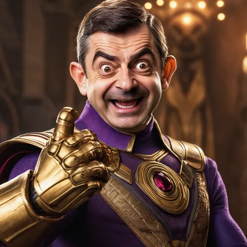 create a photo realistic image of Mister Bean wearing Thanos' gauntlet and showing off all proud and with the funniest face,thanos,thanos infinity war,purple rizantém,the emperor's mustache,emperor,em