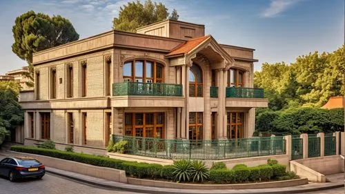 this house is in the suburbs of an area where cars are parked,mahdavi,sursock,villa,persian architecture,iranian architecture,luxury home,Photography,General,Realistic