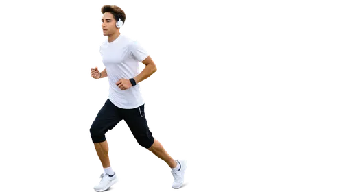 Headphones, earbuds, black wires, white MP3 player, silver buttons, clip on clothes, morning jogging, sports outfit, youthful energetic male, dynamic pose, low-angle shot, warm sunlight, shallow depth